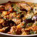 close-up of tofu eggplant curry in th pan with cilantro