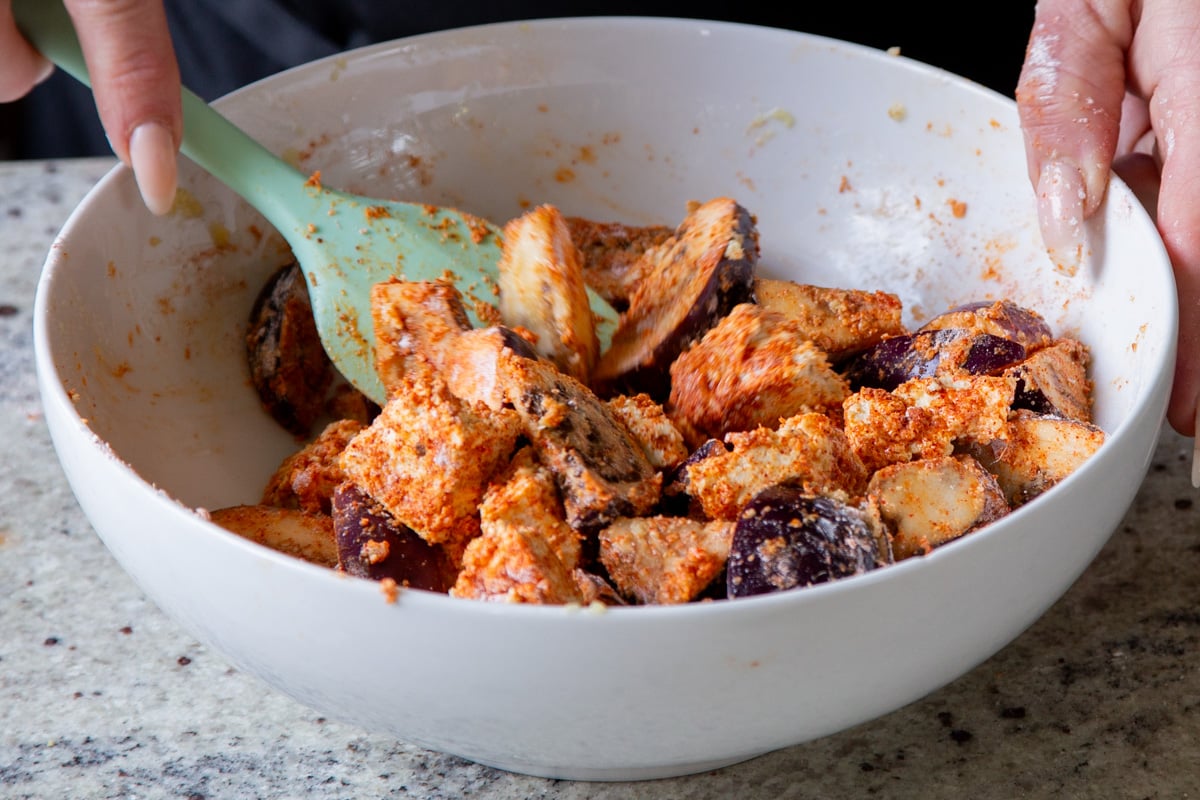 tofu and eggplant after mixing with the cornstarch, spices, and ginger-garlic paste