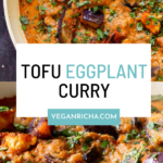 photos of tofu eggplant curry, text overlay