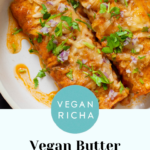 butter chicken enchiladas on the plate, text overlay