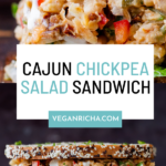 photos of the cajun chickpea salad sandwich, text overlay
