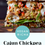 close-up photo of the cajun chickpea salad sandwich, text overlay
