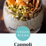 glass of cannoli overnight oats, text overlay
