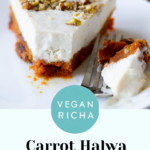 slice of carrot halwa cheesecake, text overlay