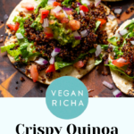 close-up of a crispy quinoa taco, text overlay