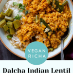 bowl of vegan dalcha with rice and veggies , text overlay