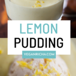 image collage of cups of lemon pudding and a close-up of the pudding, text overlay