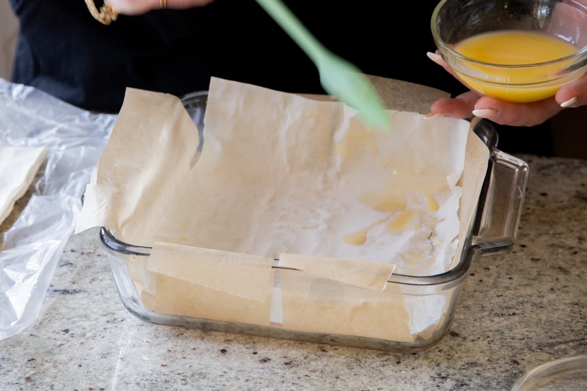 lining a baking pan with parchment paper