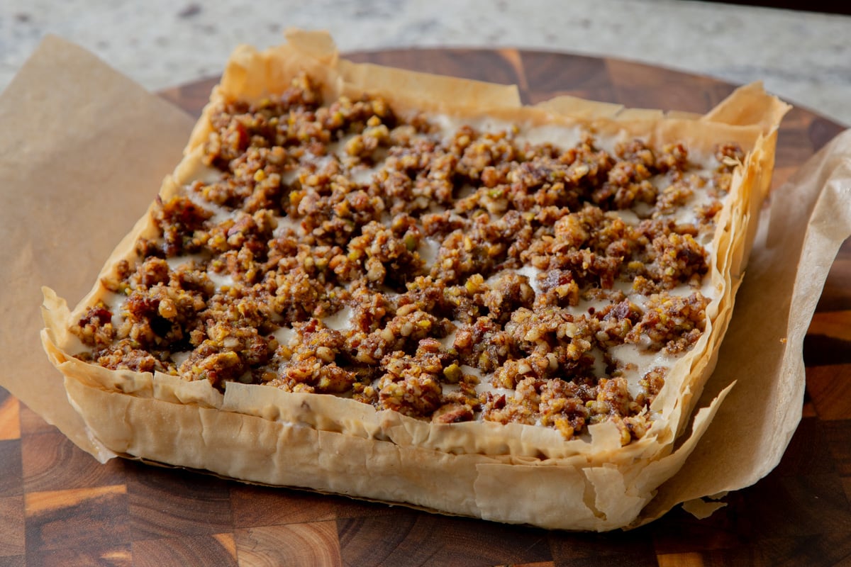 baklava cheesecake, after freezing and removing from the pan
