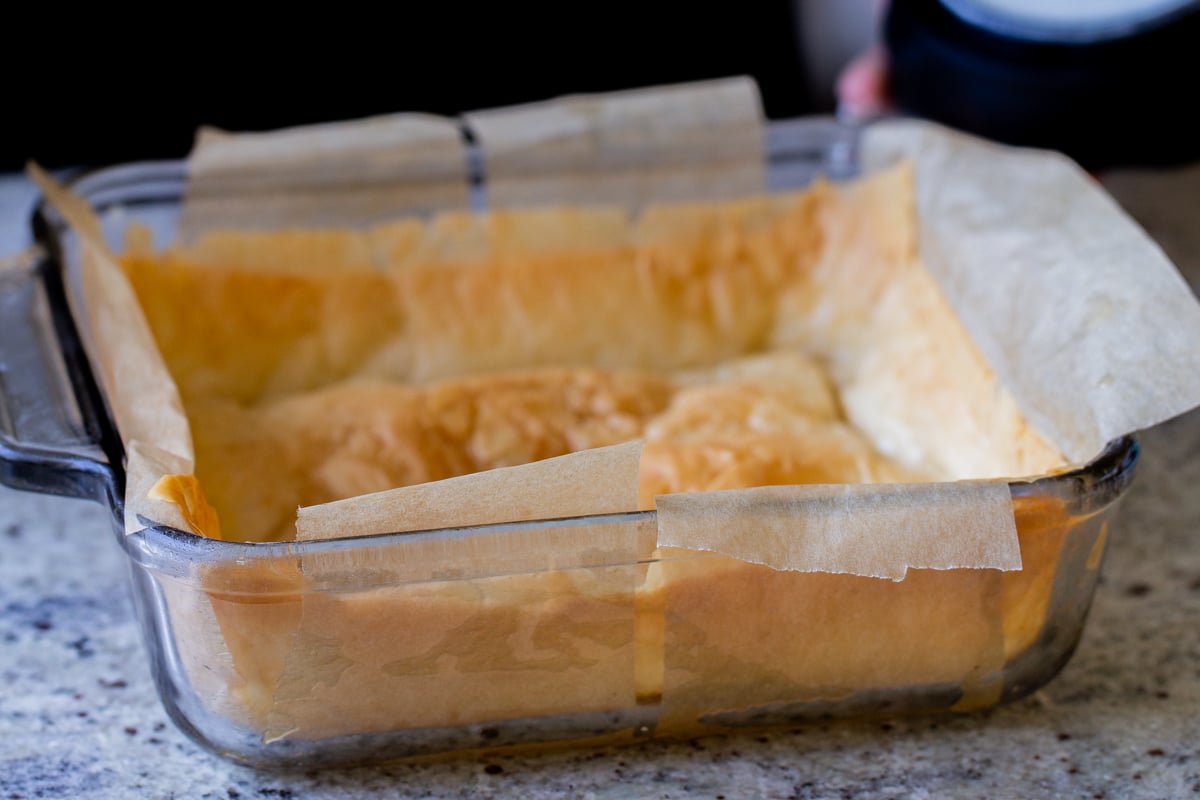 phyllo dough in the pan, after baking