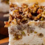 close-up of a slice of baklava cheesecake, so you can see the texture inside