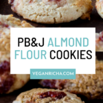 photos of gf peanut butter and jelly cookies on a wooden cutting board, text overlay