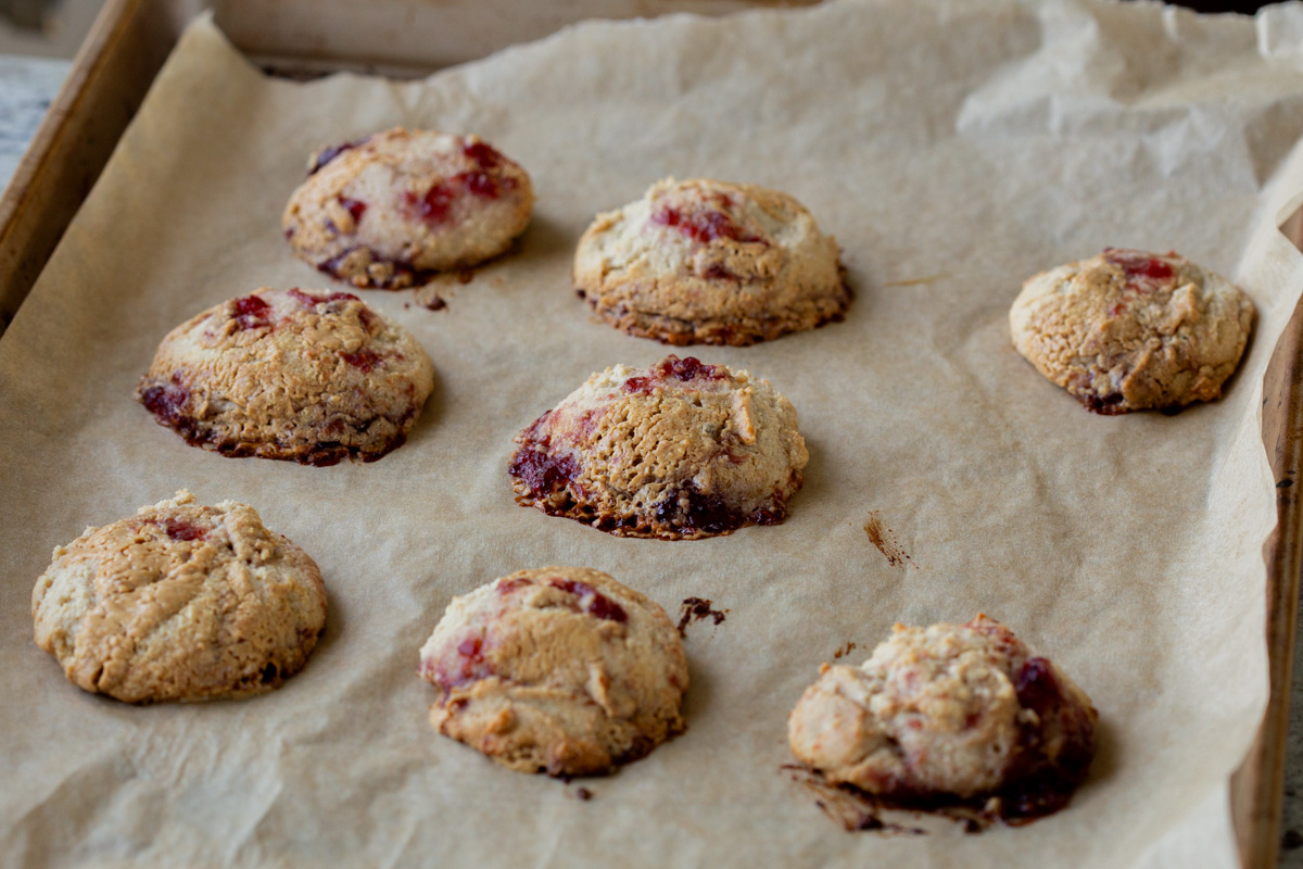 pbj cookies on the baking sheet, after baking