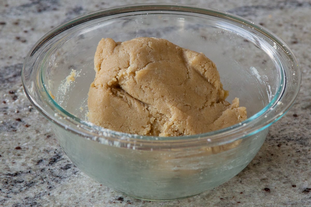 almond flour cookie dough in the mixing bowl