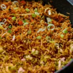 close-up of Schezwan fried rice in the pan
