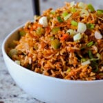 close-up of Schezwan fried rice in a bowl