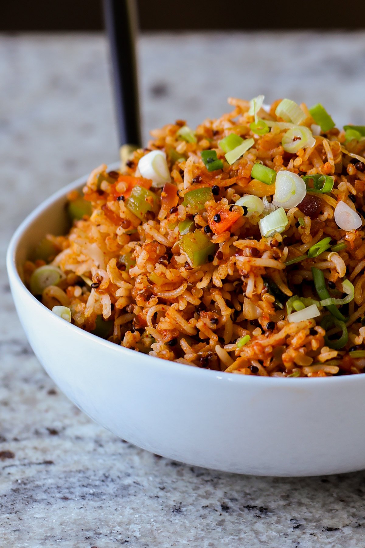 close-up of Schezwan fried rice in a bowl