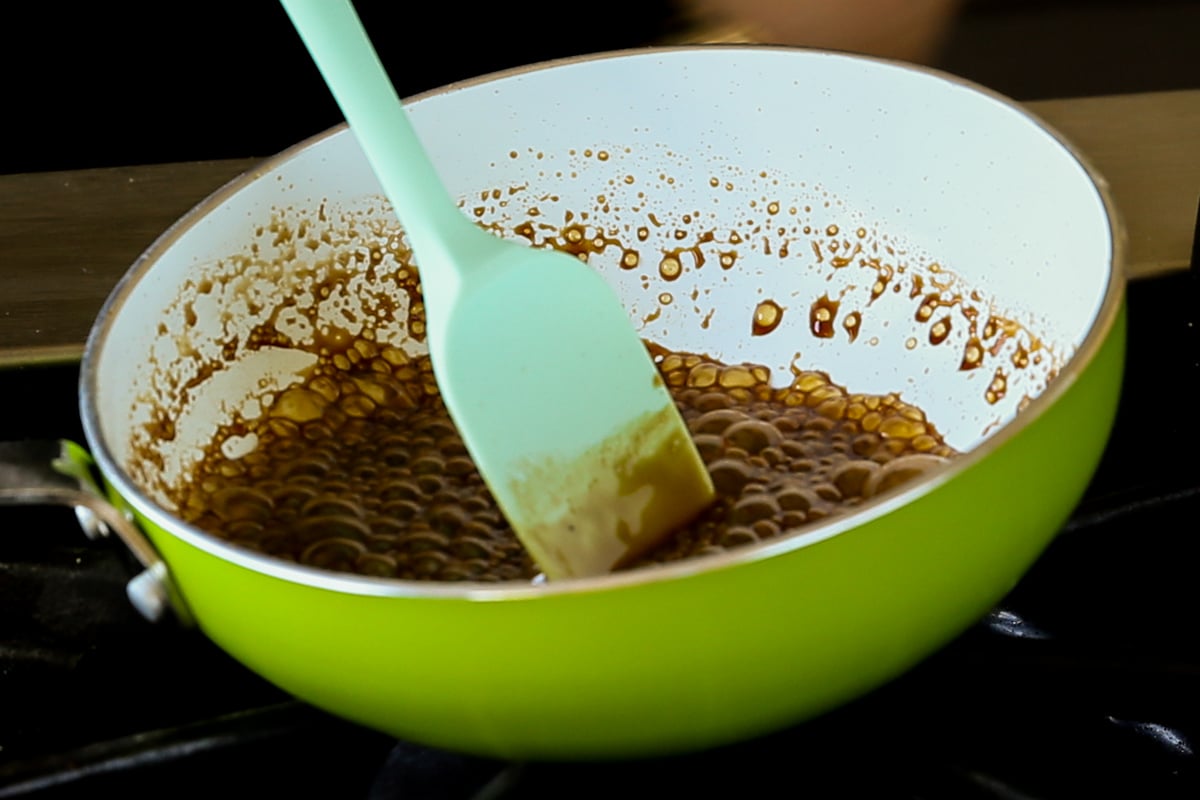 caramel bubbling in the pan