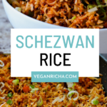 image collage showing Schezwan fried rice in a bowl and in the pan, text overlay