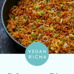 Schezwan fried rice in the pan, text overlay