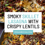 photos of smoky skillet lasagna in the pan and a fork taking a bite out of it, text overlay