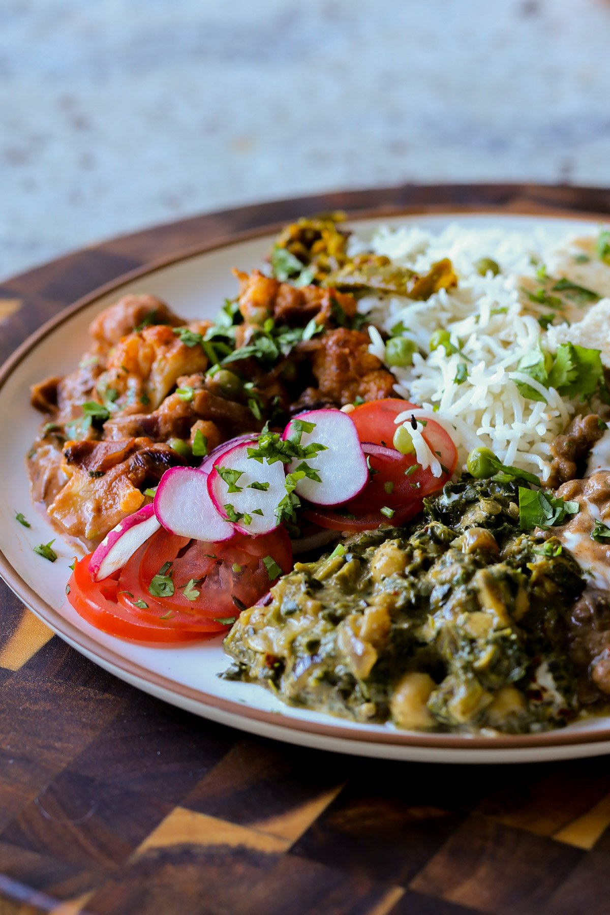 close-up of a plateful of food from the diwali party menu