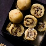 close-up of gujiya peda in a gift box