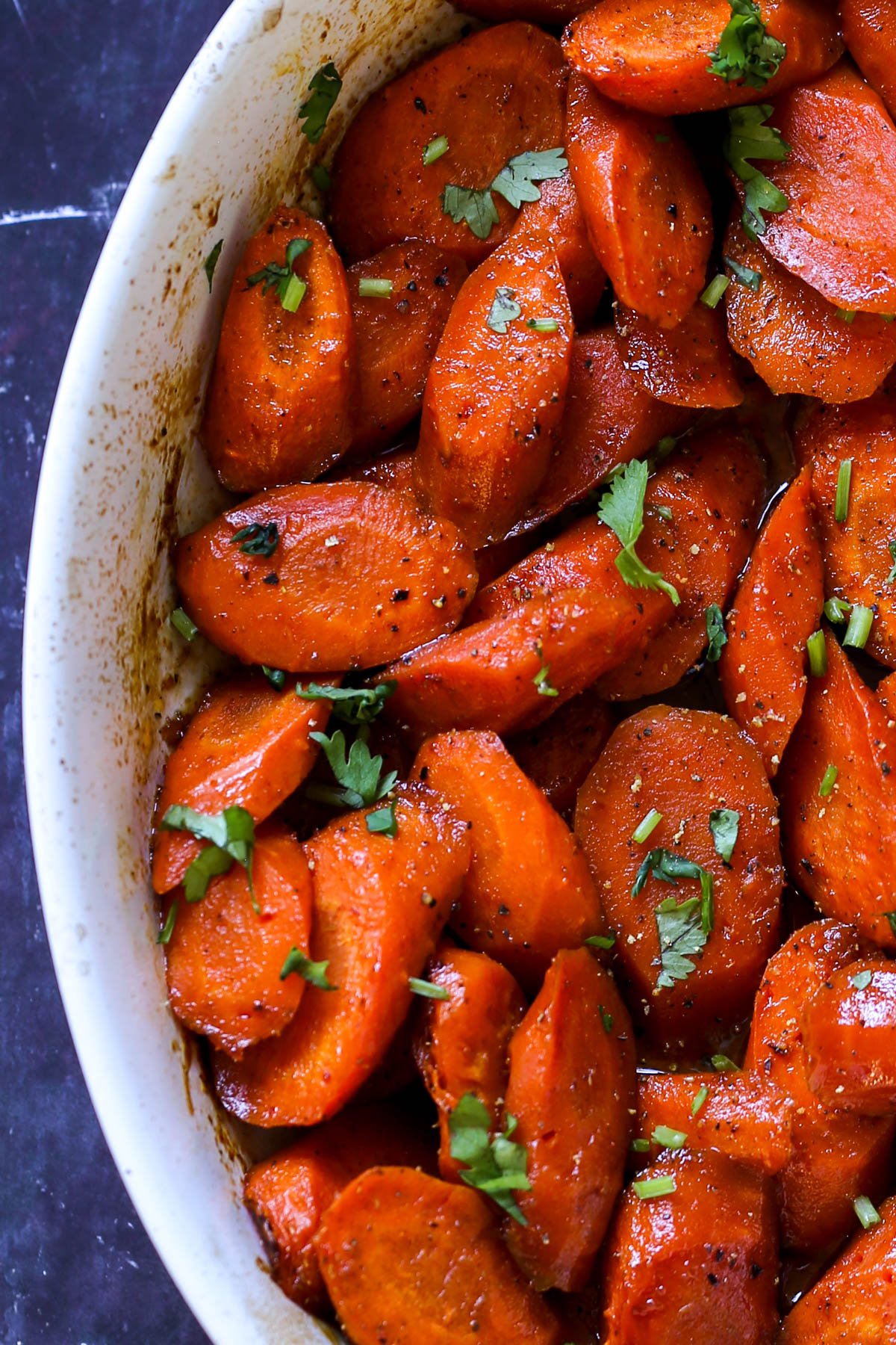 close-up of spiced glazed carrots in the baking dish