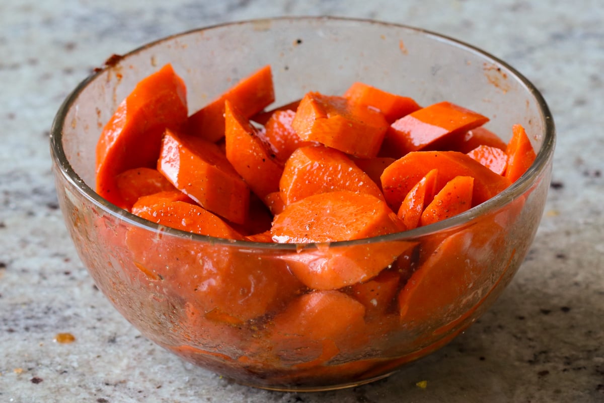 carrots in the bowl after mixing and before baking