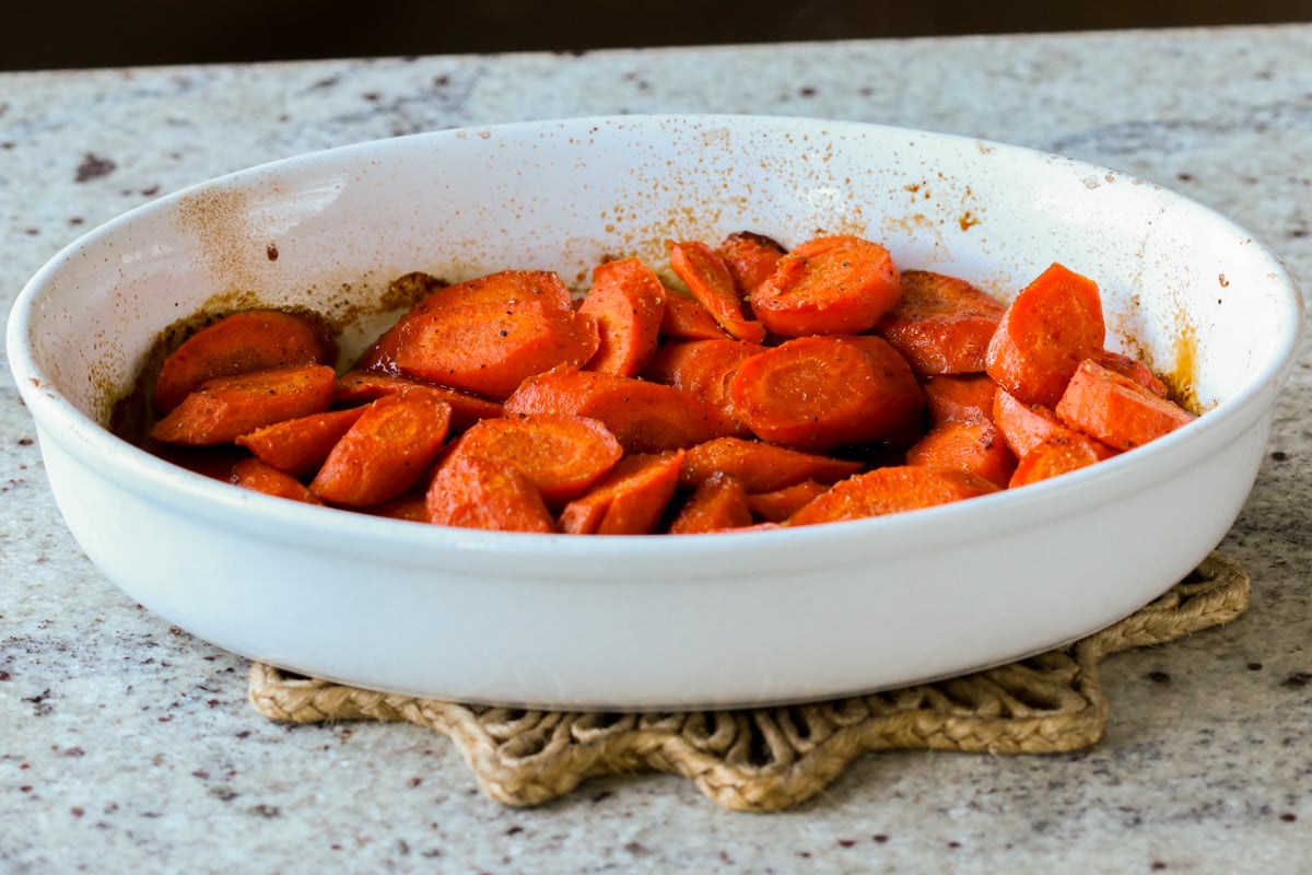 spiced glazed carrots in the pan after baking