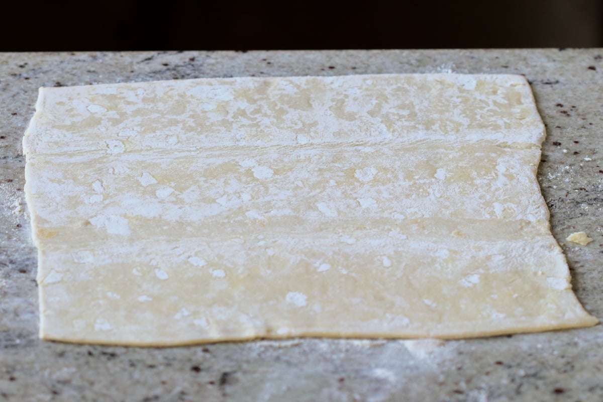floured puff pastry on the countertop