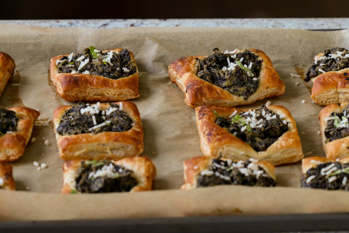 spinach puff pastry on the baking sheet, after baking