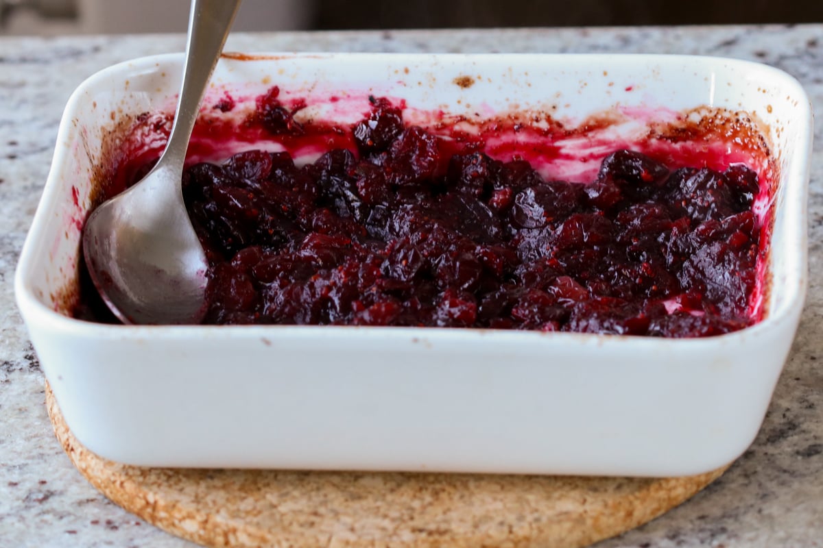 cranberry chutney in the pan after baking and mashing