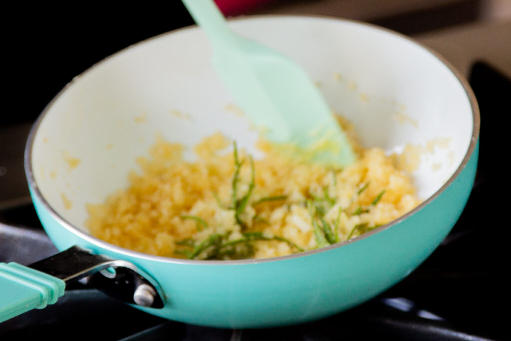 crunchy breadcrumbs in the small pan, after cooking