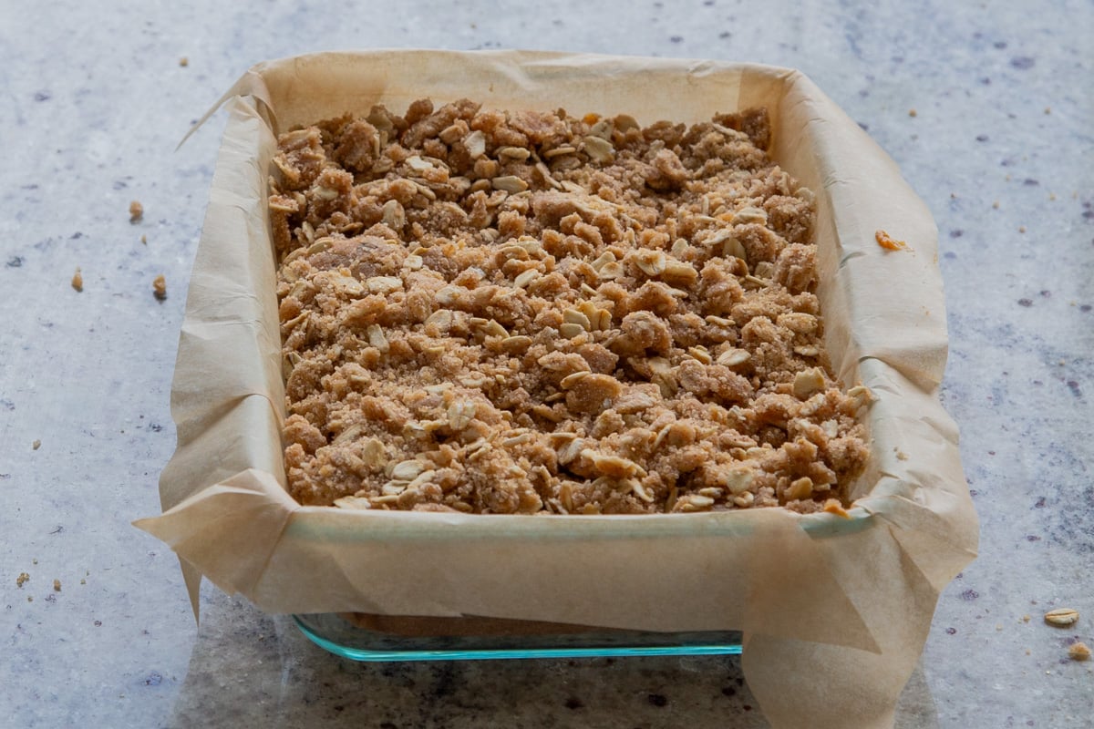 crumb topping on top of the pumpkin crisp, before baking