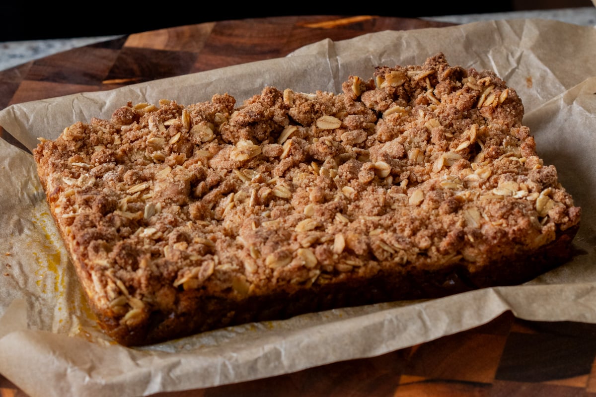 pumpkin crisp on the parchment paper, after removing from the baking pan