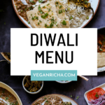 image collage showing platefuls of food from the diwali party menu, text overlay