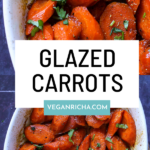 spiced glazed carrots in the baking dish, text overlay