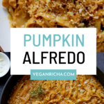 image collage of pumpkin alfredo pasta in a bowl and in the pan, text overlay