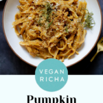 pumpkin alfredo pasta in a bowl topped with the rosemary breadcrumbs, text overlay