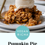 slice of pumpkin crisp on a white plate with ice cream on top, text overlay