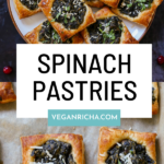 image collage of spinach puff pastry on a plate and the baking sheet, text overlay
