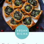 spinach puff pastry on a plate, text overlay