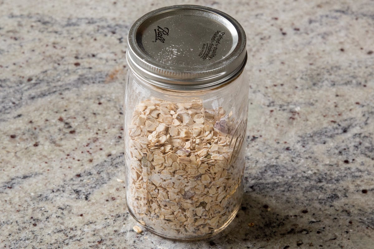 baked oatmeal mix stored in a mason jar