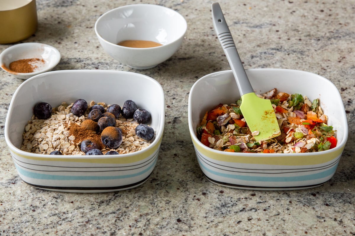sweet baked oats ingredients added to the other pan of dry oats mix