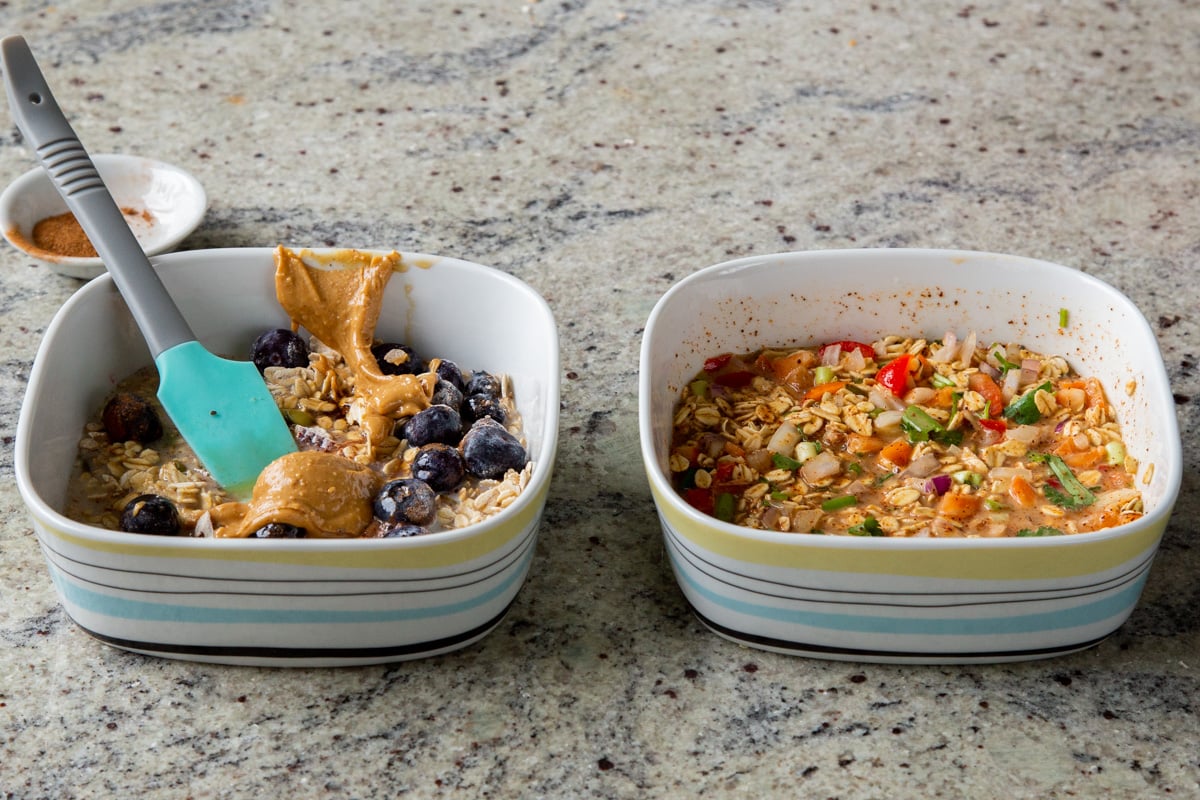adding wet ingredients to both the savory and the sweet oats mixtures