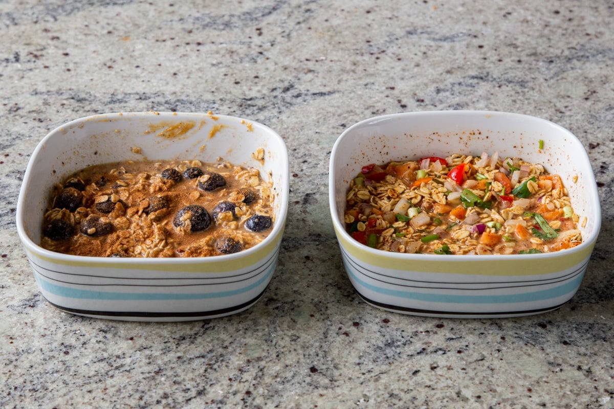PBJ baked oats and Tex-Mex baked oats in the baking dishes, before baking