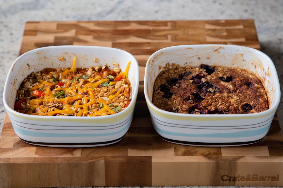 PBJ baked oats and Tex-Mex baked oats in the baking dishes, after baking
