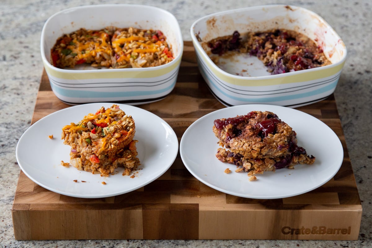 Serving PBJ baked oats and Tex-Mex baked oats onto plates