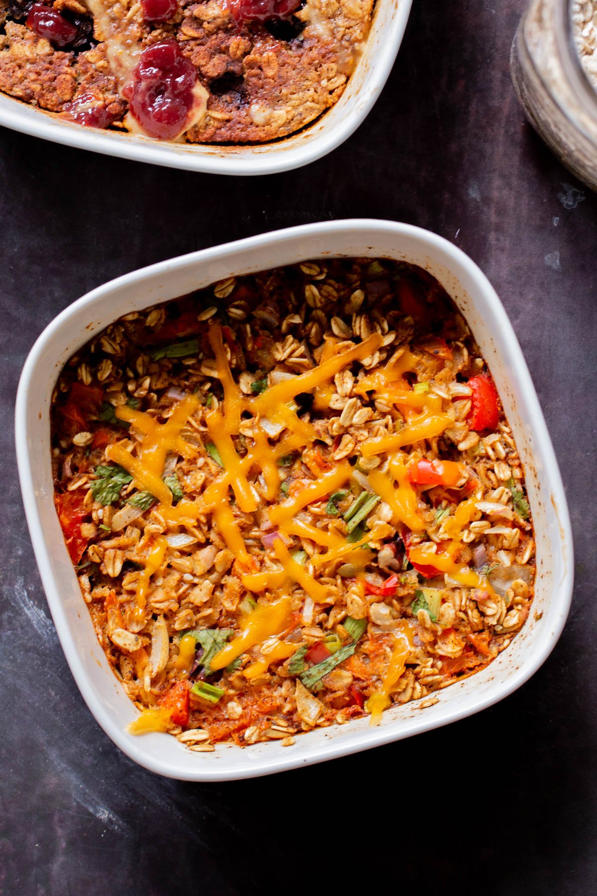 savory baked oatmeal in the baking pan after baking
